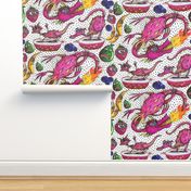 tropical dragon fruit, jumbo large scale, colorful bright colors black and white red orange yellow green blue indigo violet hot pink fuchsia magenta banana avocado blueberry strawberry kitchen quirky hand drawn foodies fire