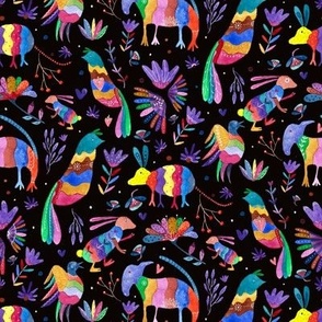 Otomi Mexican Colourful Animals On Black BIG Wallpaper