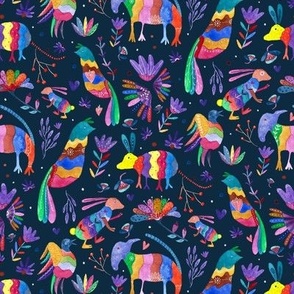 Otomi Mexican Colourful Animals On Deep Teal BIG Wallpaper