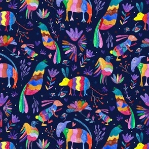 Otomi Mexican Colourful Animals On Navy Blue BIG Wallpaper