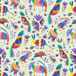 Otomi Mexican Colourful Animals On Sage Green BIG Wallpaper