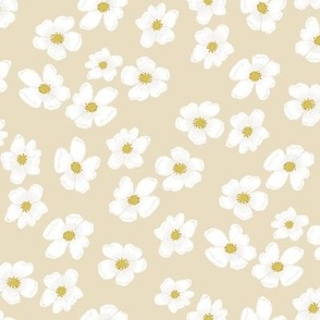 Tossed Vintage White Daisy Flowers on Creamy Oatmeal Tan