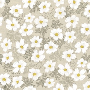 Tossed Vintage Daisies - White Flowers - Neutral Warm White and Creamy Taupe Brown