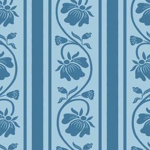 Indian floral stripe and vertical stripes geometric pattern in soft blue tones, ocean blue and French blue