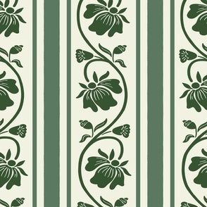 Indian floral stripe and vertical stripes geometric pattern in darl green, soft green and light green mist large scale
