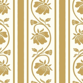 Indian  floral stripe and vertical stripes in antique gold on natural white
