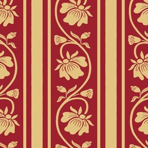 Indian floral stripe with vertical stripes in antique white  and honey on wine red