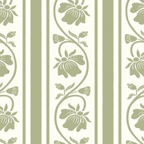 Indian floral stripe with vertical stripe in olive green and light green mist large scale