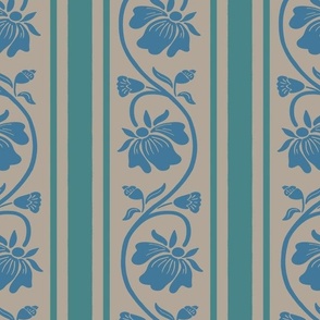 Indian floral stripe and vertical stripes geometric pattern in ocean blue, teal and warm grey large scale