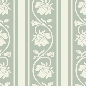 Indian floral stripe and vertical stripes in soft grey and light misty green large scale