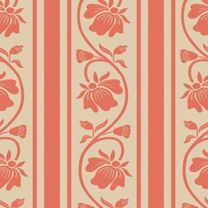 Indian floral stripe with vertical stripes in terra cotta orange and wheat gold large scale