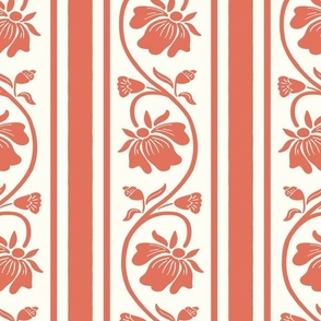 Indian floral stripe and vertical stripes geometric pattern in terra cotta earth tone and natural white large scale