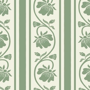 Indian floral stripe with vertical stripe in mistletoe green on light green mist large scale