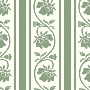 Indian floral stripe with vertical stripe in olive green and natural white large scale