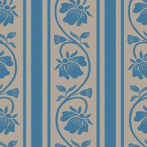 Indian floral stripe with vertical stripes in warm grey and ocean blue large scale