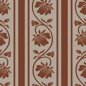 Indian floral stripe with vertical stripe in rustic brown and warm grey large scale
