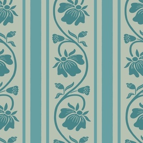 Indian floral stripe with vertical stripe in teal, turquoise and duck egg green large scale