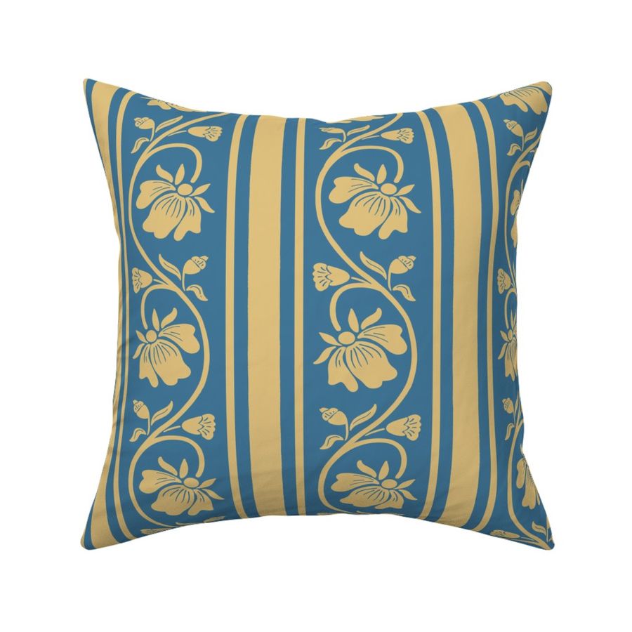 Indian floral stripe with vertical stripes in soft ocean blue and wheat gold large scale