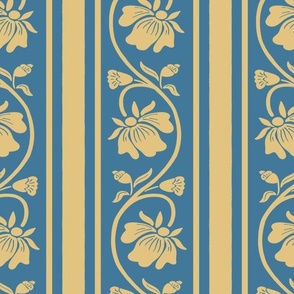 Indian floral stripe with vertical stripes in soft ocean blue and wheat gold large scale