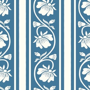 Indian floral stripe with vertical stripe in ocean blue and natural white large scale