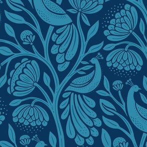 Peaceful Peacock Birds - Blue on Navy Tonal