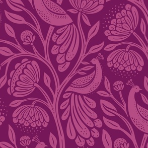 Peaceful Peacock Birds - Magenta Tonal