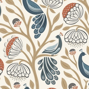 Peaceful Peacock Birds - Blue , Gray , Terracotta, Khaki on Cream