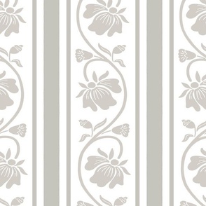 Indian floral stripe with vertical stripes in soft warm grey hues and white large scale
