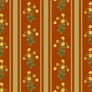 Floral  stripe and vertical stripe with yellow buttercups in antique gold on autumn leaf brown