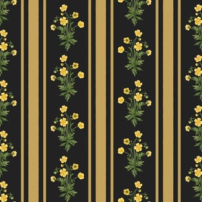 Floral  stripe and vertical stripe with yellow buttercups in antique gold on warm charcoal