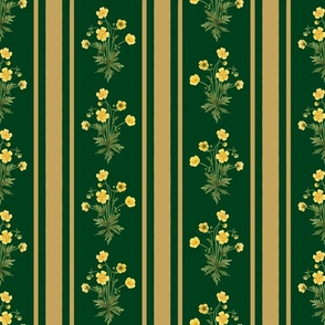 Floral  stripe and vertical stripe with yellow buttercups in antique gold on dark emerald green
