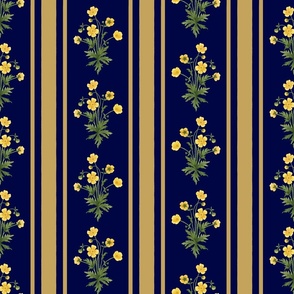 Floral  stripe and vertical stripe with yellow buttercups in antique gold on dark royal blue