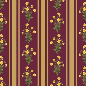 Floral  stripe and vertical stripe with yellow buttercups in antique gold on dark wine red