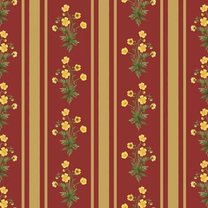 Floral  stripe and vertical stripe with yellow buttercups in antique gold on deep red