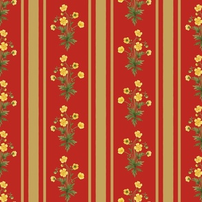 Floral  stripe and vertical stripe with yellow buttercups in antique gold on poppy red