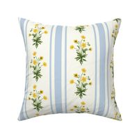 Floral stripe and soft blue vertical stripe with yellow buttercups