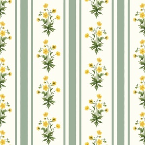 Floral  stripe and vertical stripe with yellow buttercups in light sage on white