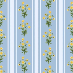 Floral  stripe and vertical stripe with yellow buttercups in porcelain delft light blue and sky blue