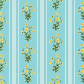 Floral  stripe and vertical stripe with yellow buttercups in sea glass on pool light turquoise