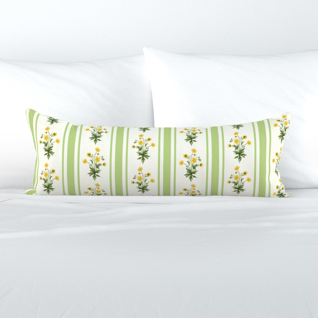 Floral  stripe and vertical stripe with yellow buttercups in lily green and on natural white
