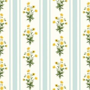 Floral  stripe and vertical stripe with yellow buttercups seaglass on natural white