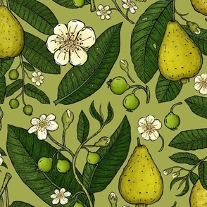 12x19.5 Guava Fruits, Leaves, and Flowers - Large Scale Botanical Hand-Drawn Pattern - Moss Green, Apple Green, Citrine, & Lemon Chiffon