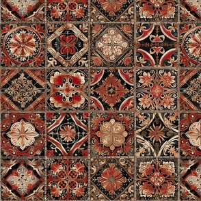 Old World Tile Wallpaper Red Brown Black Medieval Painted Floral Rustic Tuscan Renaissance Distressed Old Morroccan 