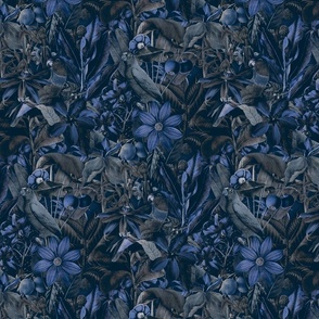Tropical Serenade Opulent Jungle Flora With Tropical Birds Midnight Blue Smaller Scale