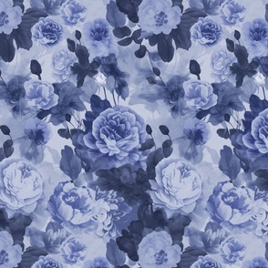 Baroque Roses Floral Nostalgia Design In Moody Colors Blue Smaller Scale