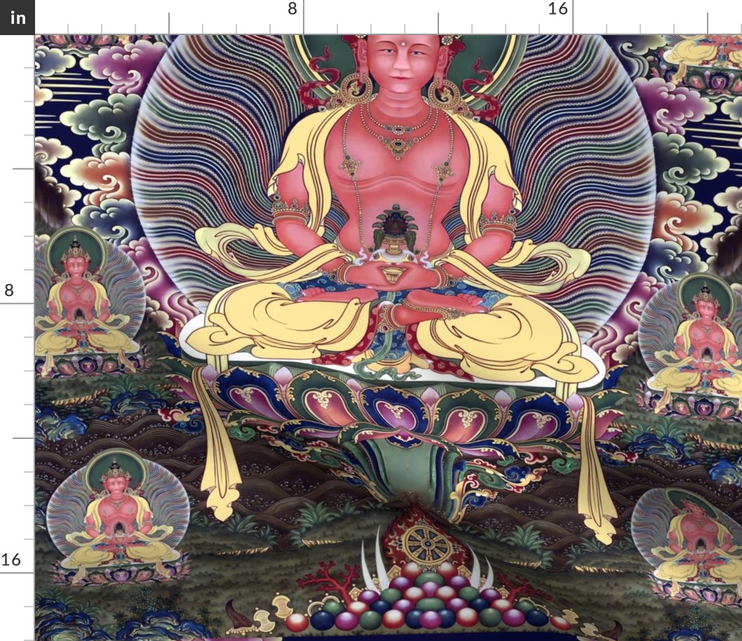 5 reddish brown Bodhisattva Buddha Buddhism  religion god deity Lotus cross legged position Meditating praying purple clouds altar throne fire karma wheel pot plant sun moon ornate gold crowns earrings necklaces bracelets jewelry halo garden pearls ancien