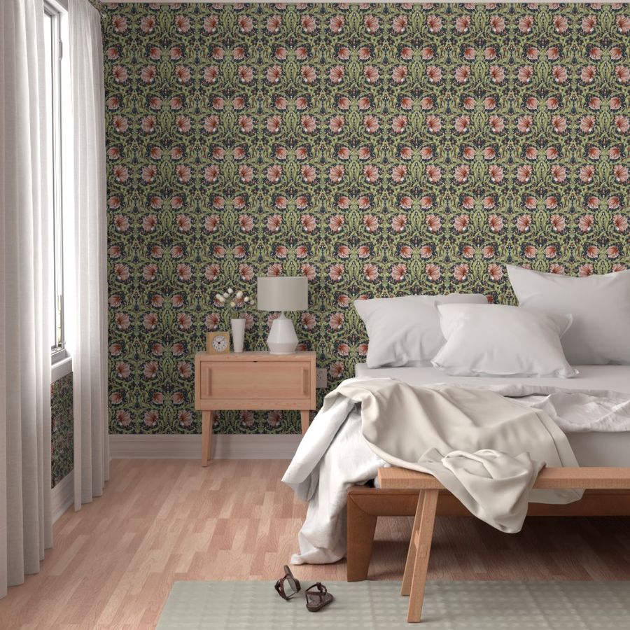 Pimpernel By William Morris- Medium - Perfect Glamour for Heritage, English Cottage, A New Farmhouse - Grandmillennial Opulent Victorian Pimpernell Flowers For Luxury Elegant Home Decor and Wallpaper- Vibrant green Peach gray white