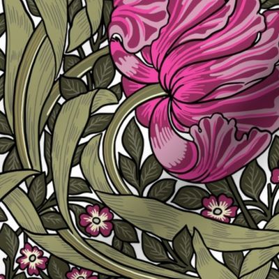 Pimpernel - LARGE- by William Morris - black antiqued restored reconstruction   art nouveau art deco white background Vibrance Colors sage - magenta