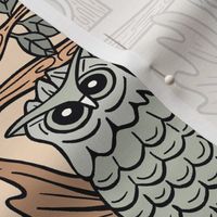 Cute Owlets, Owl Cartoon Design / Beige Version / Large Scale, Wallpaper