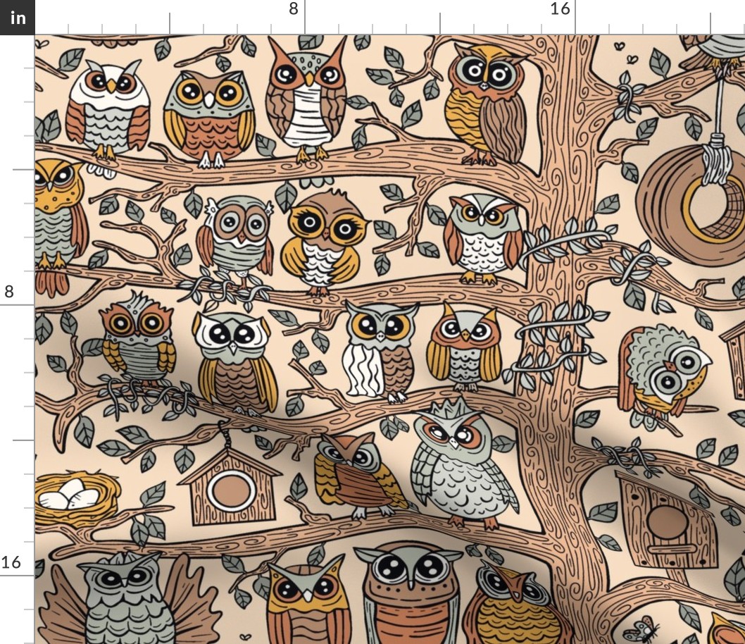 Cute Owlets, Owl Cartoon Design / Beige Version / Large Scale, Wallpaper